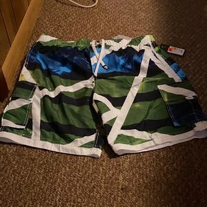 Men's Green & Blue Striped Cargo Swim Trunks